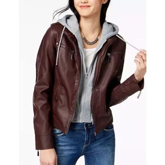 Jou Jou 103-1192ME Juniors Sz S Walnut Brown Faux-Leather Hooded Moto Jacket - Picture 9 of 9